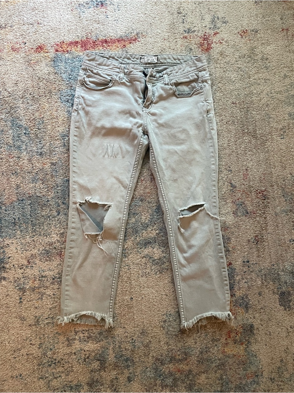 Free People Cropped Distressed Jeans in Light Beige